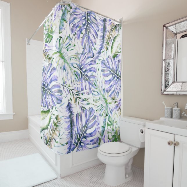 Island Purple Lilac Tropical Palm Leaves Summer Shower Curtain (In Situ)