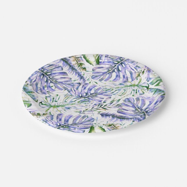 Island Purple Lilac Tropical Palm Leaves Wedding   Paper Plate (Angled)