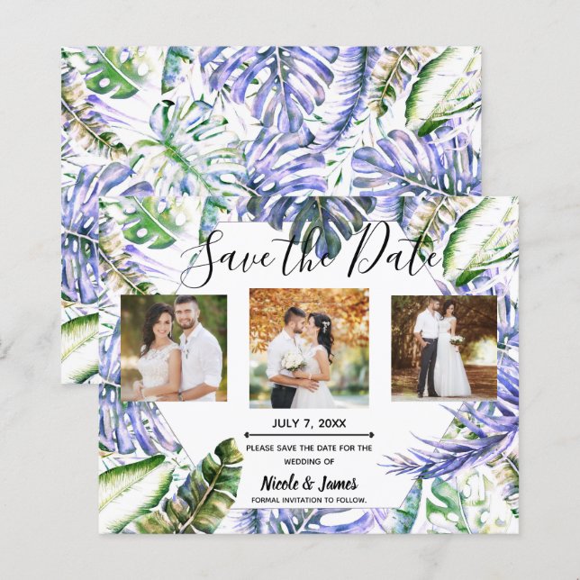 Island Purple Lilac Tropical Wedding Save the Date (Front/Back)