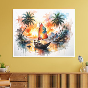 Island Serenity – Exotic Boat Landscape Watercolor Canvas Print
