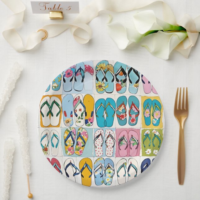 Island Summer Beach Vacation Floral Flip Flops Paper Plate (Wedding)