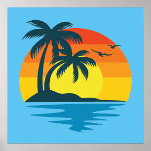 Island Sunset Tropical Beach Palm Tree Ocean Poster