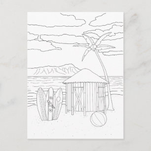 Island Tiki Hut Adult Colouring Postcard