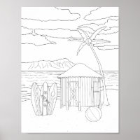 Island Tiki Hut Adult Colouring Poster