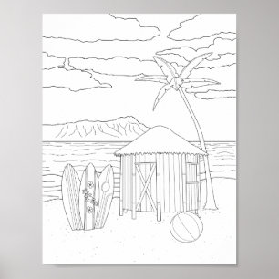 Island Tiki Hut Adult Colouring Poster
