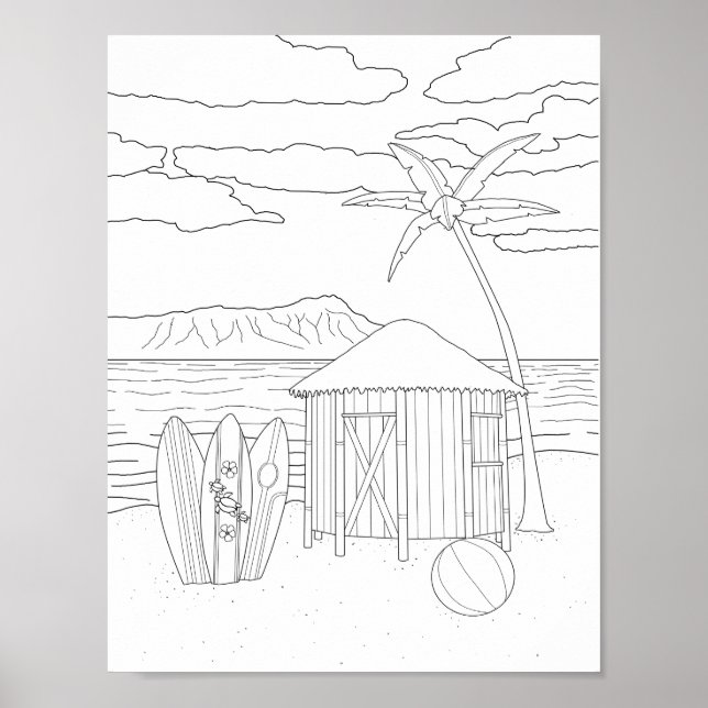 Island Tiki Hut Adult Colouring Poster (Front)