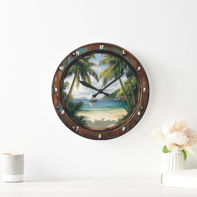 Island Time" - Nautical Window Tropical Beach Large Clock (Home)