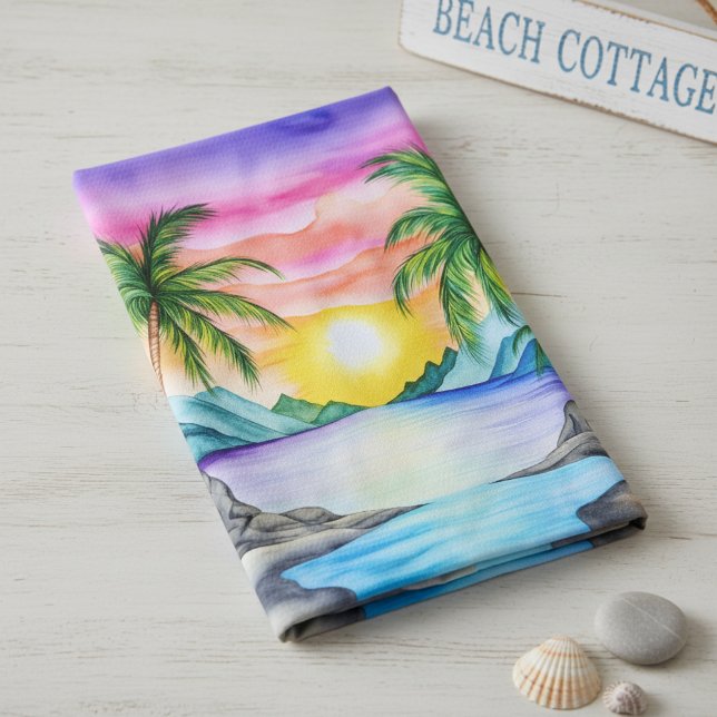 Island Tropical Beach Sunset Tea Towel (Creator Uploaded)