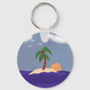 Island with Palm Tree, Sunset and Seagulls Key Ring