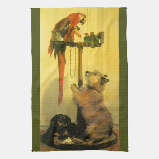Islay, Tilco, a Macaw and Love Birds by Landseer Tea Towel (Vertical)