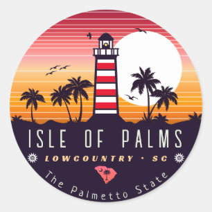 Isle of Palms lighthouse SC Retro Sunset Souvenirs Classic Round Sticker