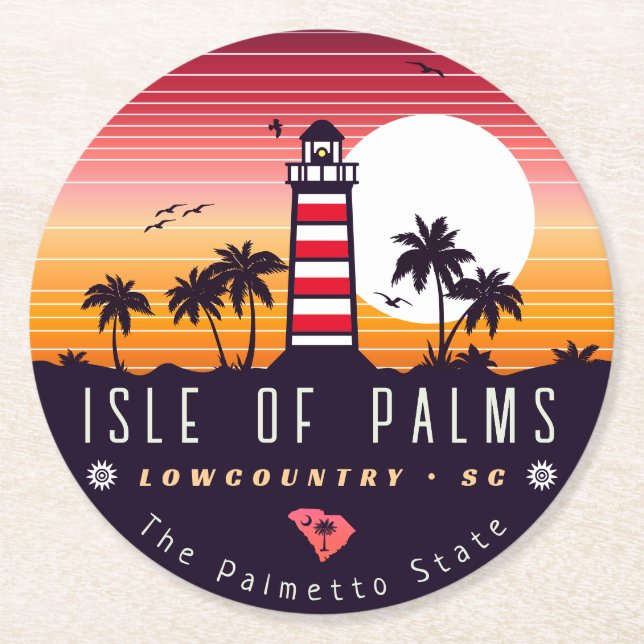 Isle of Palms lighthouse SC Retro Sunset Souvenirs Round Paper Coaster (Front)