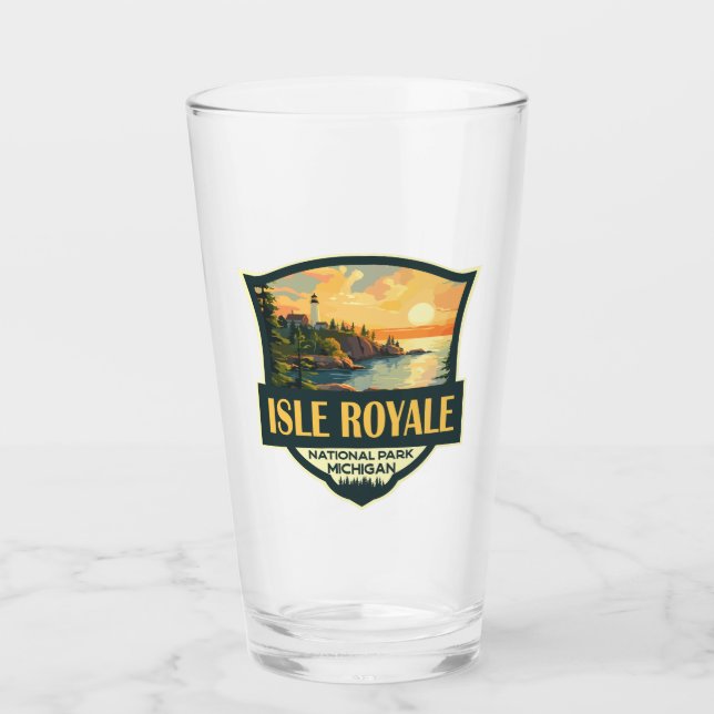 Isle Royale National Park Illustration Retro Badge Glass (Front)