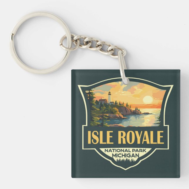 Isle Royale National Park Illustration Retro Badge Key Ring (Front)
