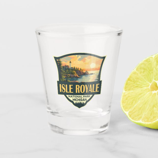 Isle Royale National Park Illustration Retro Badge Shot Glass (Front)