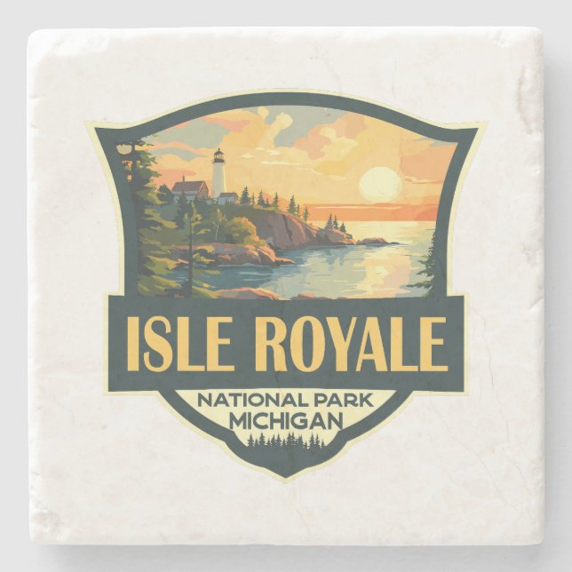 Isle Royale National Park Illustration Retro Badge Stone Coaster (Front)