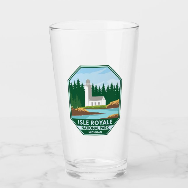 Isle Royale National Park Lighthouse Retro Emblem Glass (Front)