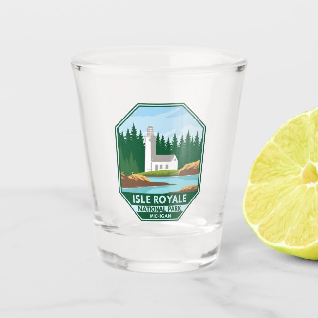 Isle Royale National Park Lighthouse Retro Emblem Shot Glass (Front)