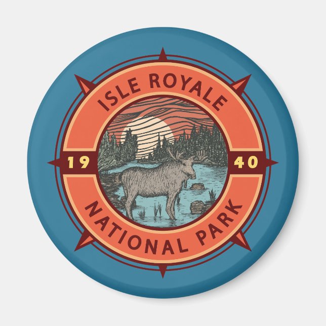 Isle Royale National Park Moose Retro Compass Magnet (Front)