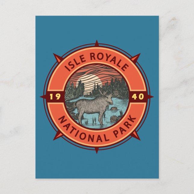 Isle Royale National Park Moose Retro Compass Postcard (Front)