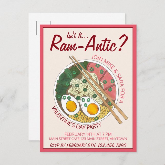 Isn't It Ram-antic Romantic Valentine's Day Ramen Invitation Postcard (Front/Back)