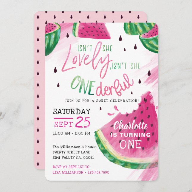 Isn't She Lovely Onederful Pink Watermelon Fruit Invitation (Front/Back)