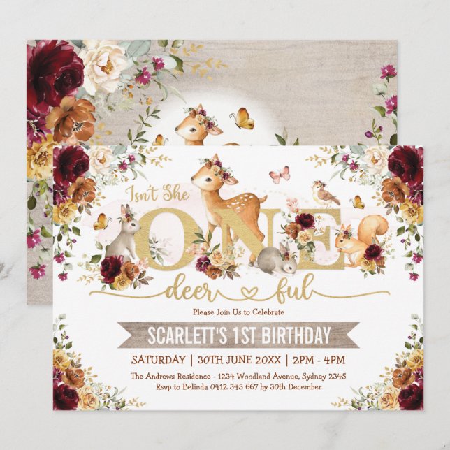 Isn't She ONE-deer-ful Fall Woodland 1st Birthday Invitation (Front/Back)