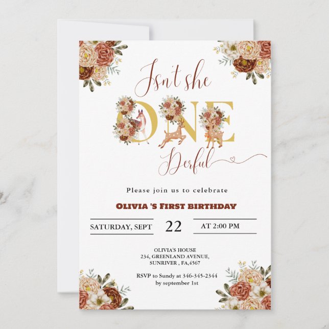 Isn't she One-deer-full girl woodland 1st birthday Invitation (Front)