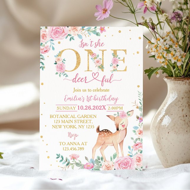 Isn't She One-deerful Pink Floral Birthday Invitation (Creator Uploaded)