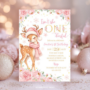 Isn't She One-deerful Pink Floral Winter Birthday Invitation