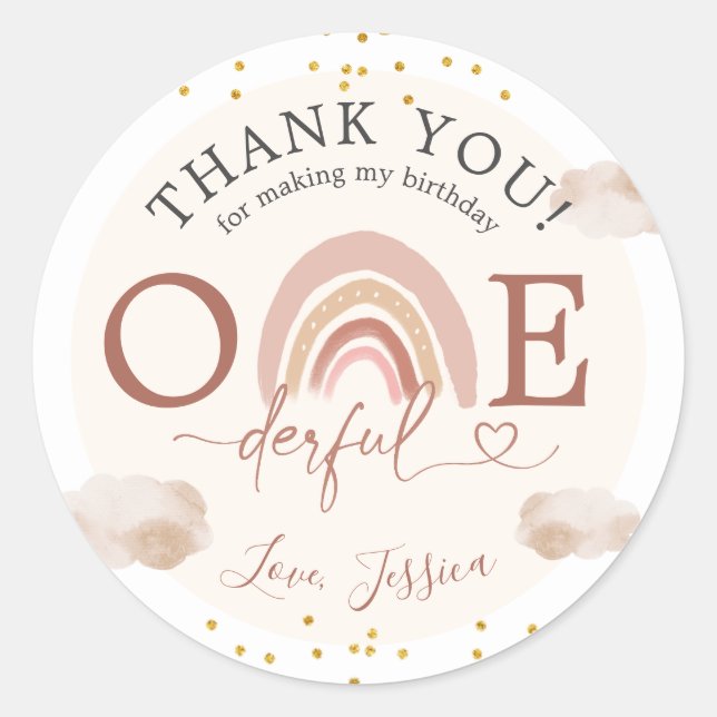 Isn't She Onederful Boho 1st Birthday Thank You Classic Round Sticker (Front)