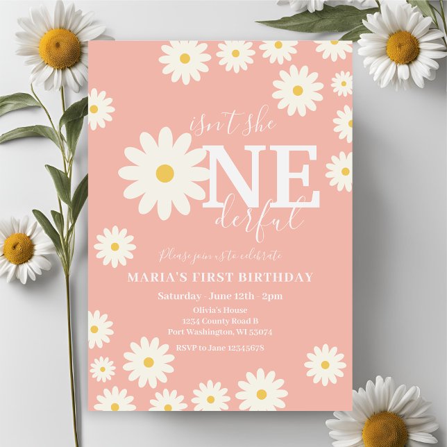  Isn't she ONEderful Peach Daisy First Birthday  Invitation (Creator Uploaded)