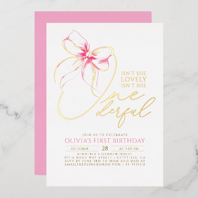 Isn't She Onederful Pink Bow Elegant 1st Birthday (Front/Back)