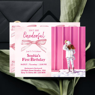 Isn't She ONEderful Pink Bow Girl 1st Birthday  Invitation