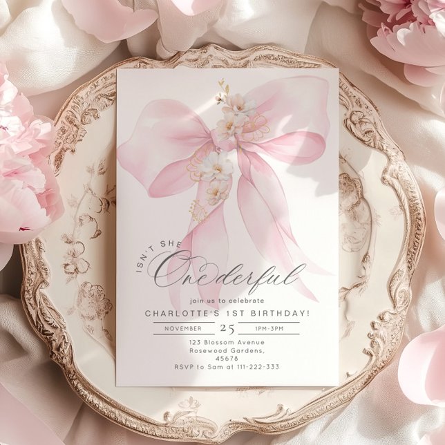 Isn't she Onederful Pink Bow girl 1st Birthday Invitation (Creator Uploaded)