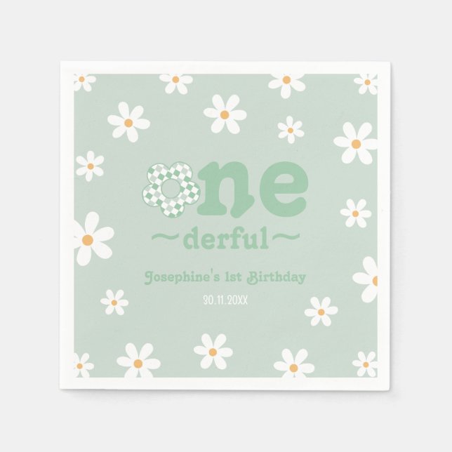 Isn't She Onederful Retro Floral Sage Birthday Napkin (Front)