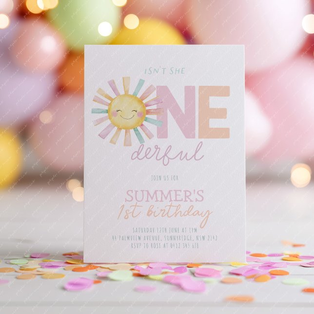 Isn't She Onederful Sun Girl Pastel 1st Birthday Invitation (Isn't she Onederful! Girl's sun 1st birthday invitation in pastel pink, peach and purple. )