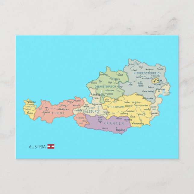 Isolated map of Austria Regions Postcard (Front)