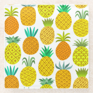 Isolated Pineapple: Vintage Seamless Pattern. Glass Coaster