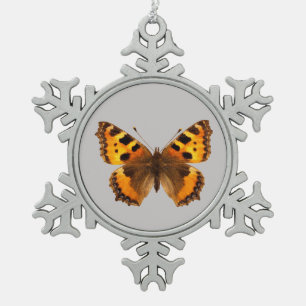 Isolated small tortoiseshell butterfly snowflake pewter christmas ornament