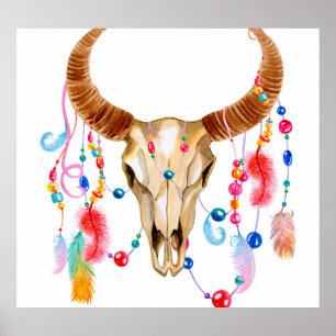 Isolated Watercolor Skull: White Background. Poster