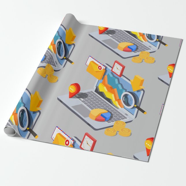 Isometric Business Data Analytics Laptop Wrapping Paper (Unrolled)