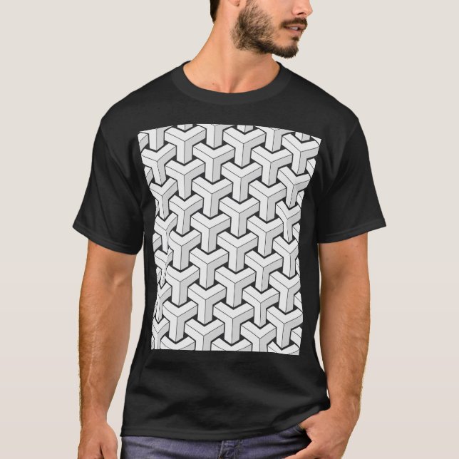 Isometric Cubes Black White Pattern T-Shirt (Front)