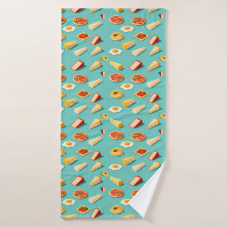 Isometric pizza cheese blocks and fried eggs bath towel