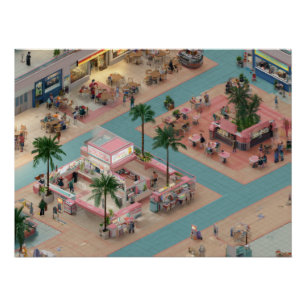 Isometric Retro Mall Food Court in Pastel Tones Poster