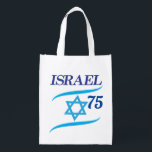 Israel 75 Anniversary, Independence Day - Modern Reusable Grocery Bag<br><div class="desc">Israel 75th anniversary, Independence Day Blue Star of David, Israeli Flag, Yom Haatzmaut Jewish Holiday festive greeting logo, Jerusalem banner with Israeli blue star, Magendavid label flag, fireworks, modern design wallpaper. 2023 celebrate. Israel 75 Birthday Festival celebration. Modern design with text template. Personalised modern trendy bag. Accessories > Bags &...</div>