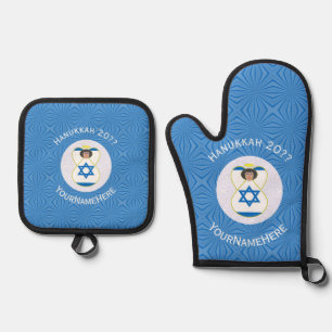 Israel Angel Hanukkah Flag Personalized  Oven Mitt & Pot Holder Set