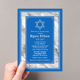 Israel Blue Marble Star of David Bar Mitzvah Acrylic Invitations
