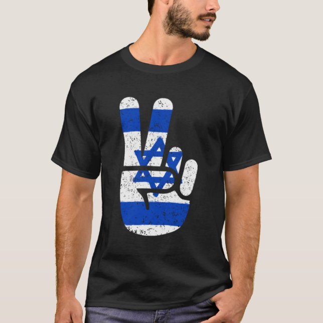 Israel Flag Big Peace Sign V Fingers Symbol T-Shirt (Front)
