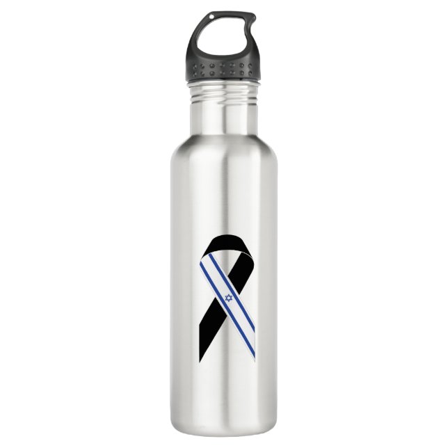 Israel flag black ribbon 710 ml water bottle (Front)